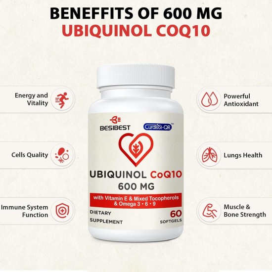 Besibest Ubiquinol CoQ10 600mg avec Vitamine E et Oméga 3, 6, 9 (60 Softgels)