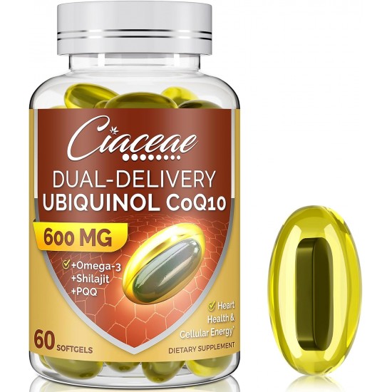 Ciaceae Ubiquinol CoQ10 600 MG Capsule Morbide con Omega-3, Shilajit e PQQ, 60 Capsule Morbide