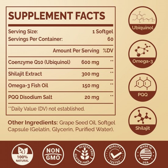 Ciaceae Ubiquinol CoQ10 600 MG Cápsulas blandas con Omega-3 & Shilajit & PQQ, 60 Cápsulas blandas