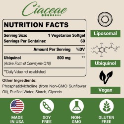 Ciaceae Liposomal CoQ10 800mg Ubiquinol Supplement, 60 Vegan Softgels Ciaceae Liposomal CoQ10 800mg Ubiquinol Supplement, 60 Vegan Softgels