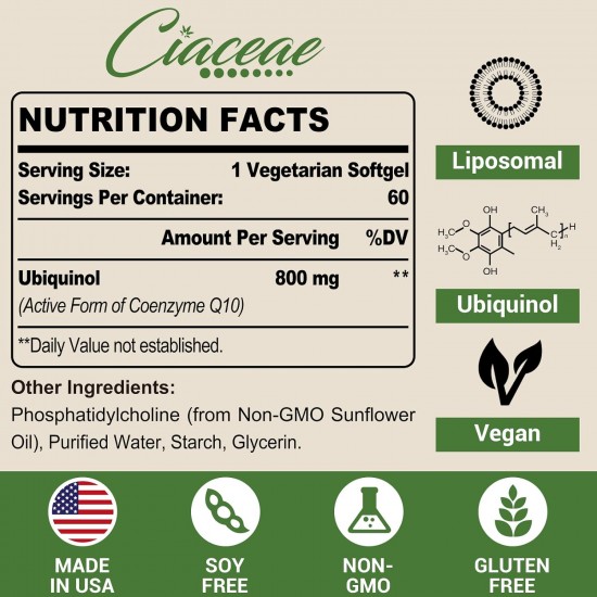 Ciaceae Liposomal CoQ10 800mg Ubiquinol Supplément, 60 Softgels Végétaliens