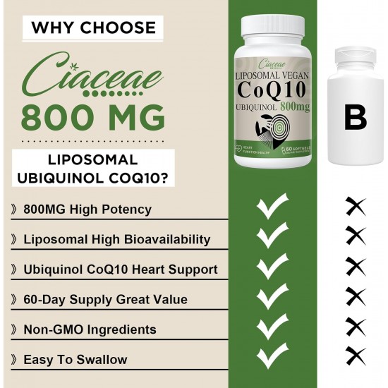 Ciaceae Liposomal CoQ10 800mg Ubiquinol Supplément, 60 Softgels Végétaliens