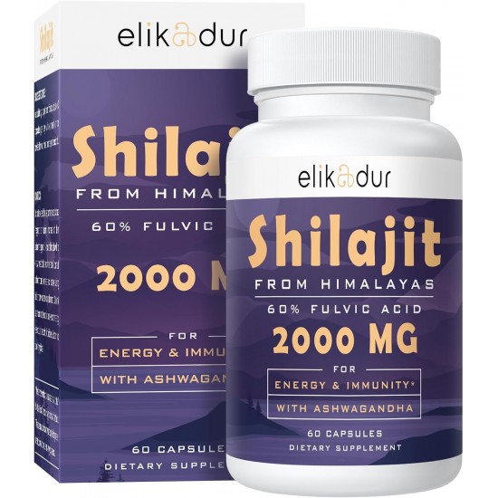 Elikadur 2000 MG Shilajit Supplément avec 85+ Trace Minéraux & 60% Acide Fulvique 60 Capsules