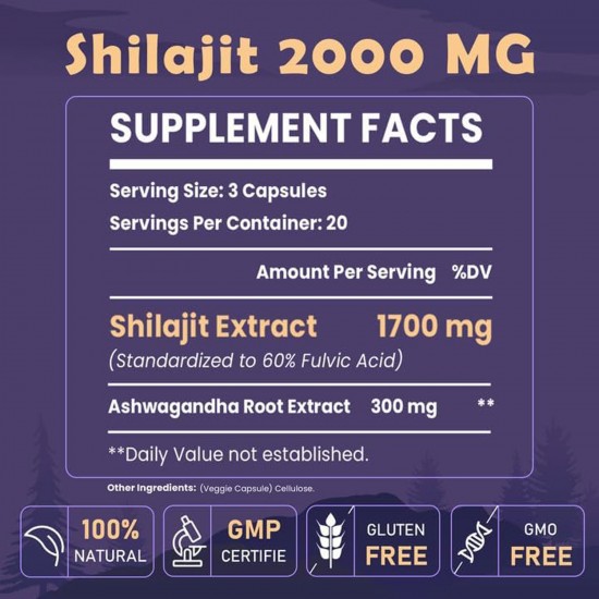Elikadur 2000 MG Shilajit Supplement with 85+ Trace Minerals & 60% Fulvic Acid 60 Capsules