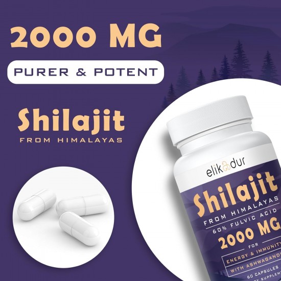 Elikadur 2000 MG Shilajit Supplement with 85+ Trace Minerals & 60% Fulvic Acid 60 Capsules