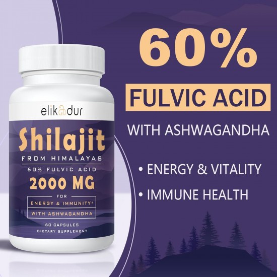 Elikadur 2000 MG Integratore di shilajit con oltre 85 oligoelementi e 60% di acido fulvico 60 capsule