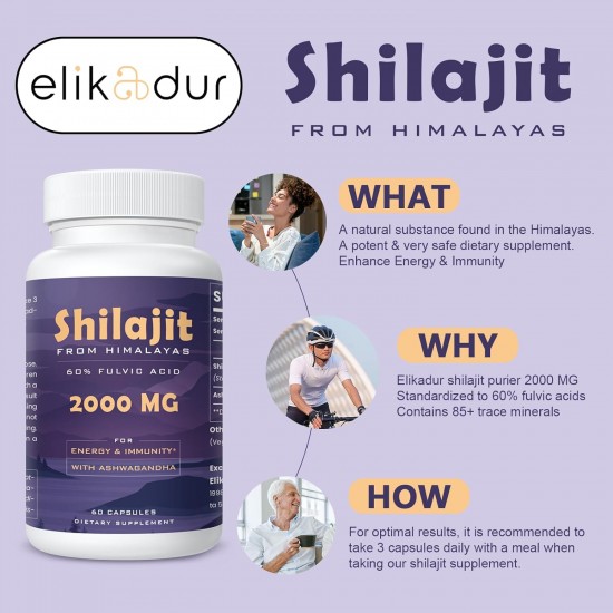 Elikadur 2000 MG Shilajit Supplément avec 85+ Trace Minéraux & 60% Acide Fulvique 60 Capsules