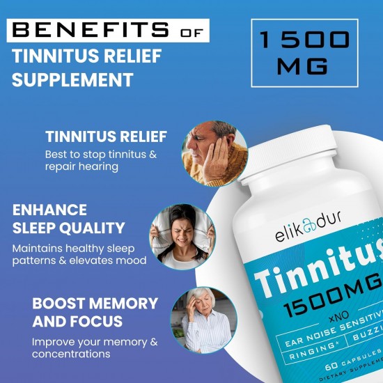 Elikadur 1500 MG Tinnitus Relief Supplement with Proprietary Herbal Blend & Bioflavonoids 60 Capsules