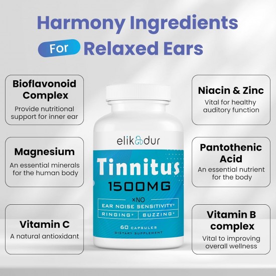 Elikadur 1500 MG Tinnitus Relief Ergänzung mit proprietären Kräutermischung & Bioflavonoide 60 Kapseln