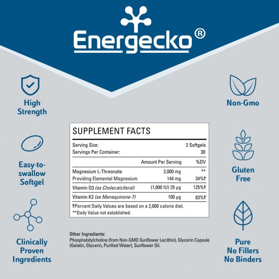 Energecko Liposomal Magnesium L-Threonate 60 Softgels 2000mg - Magnesium Supplement with Vitamin D3 & K2