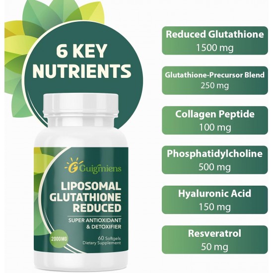 Guigmiens Integratore di Glutatione Liposomiale 2000 MG con Acido Ialuronico + Peptide del Collagene + Resveratrolo, 60 Capsule Morbide