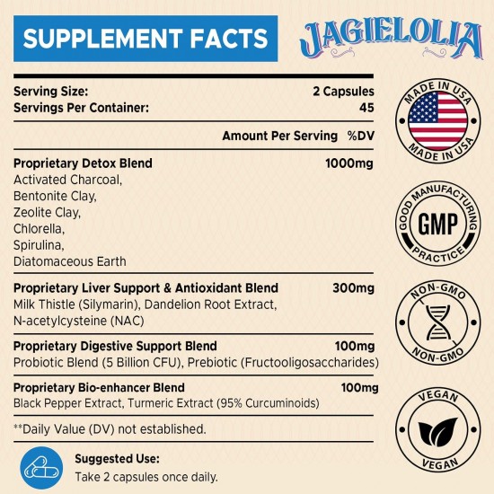 Jagielolia All-In-One Detox Binder Supplement 1500 MG 90 Vegan Capsules