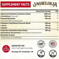 Jagielolia Glutatión Liposomal 2000 mg con L-Serina, L-Glicina y Sulforafano, 60 cápsulas blandas Jagielolia Glutatión Liposomal 2000 mg con L-Serina, L-Glicina y Sulforafano, 60 cápsulas blandas