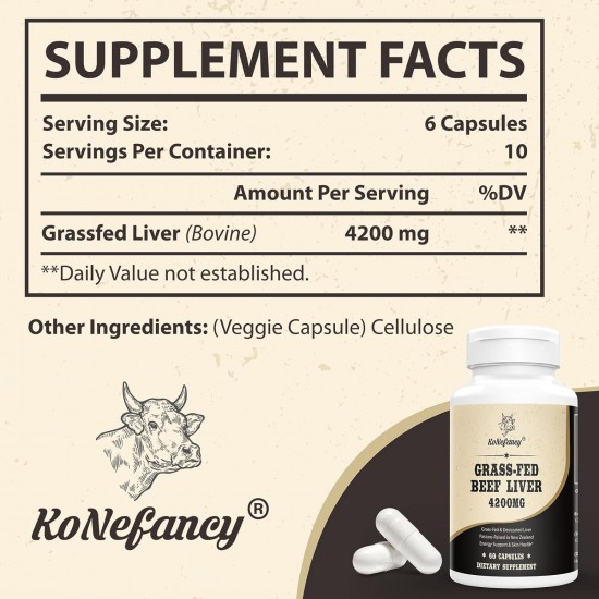 KoNefancy Grass Fed Beef Liver Capsules 4200mg, 60 Capsules