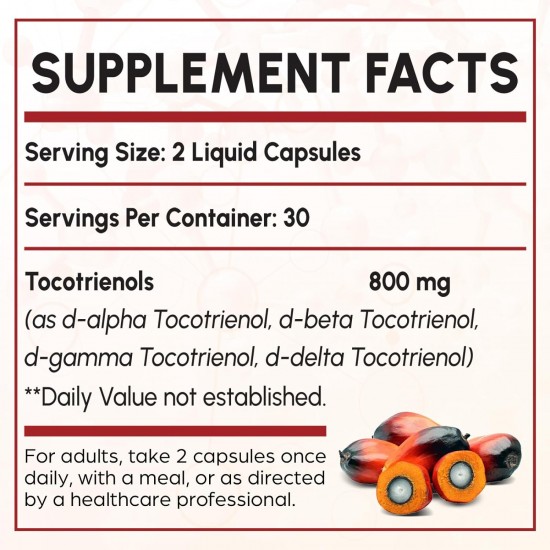 Kroppssund Tocotrienol Supplement Full Spectrum, Tocotrienol Vitamin E-Tocotrienols 800mg - 60 Liquid-Filled Capsules