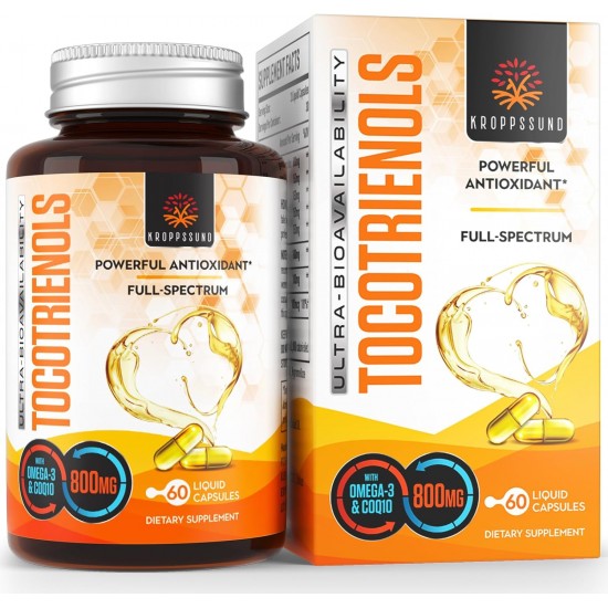 Kroppssund Tocotrienols 800mg Suplemento, Rico en Vitamina E Tocotrienoles, CoQ10, Omega 3, 6, 9 -60 Cápsulas Líquidas