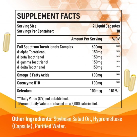 Kroppssund Tocotrienols 800mg Supplément, Riche en Vitamine E Tocotrienols, CoQ10, Oméga 3, 6, 9 -60 Capsules Liquides