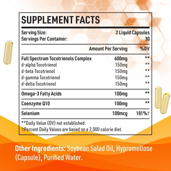 Kroppssund Tocotrienols 800mg Supplement, Rich in Vitamin E Tocotrienols, CoQ10, Omega 3, 6, 9 -60 Liquid Capsules