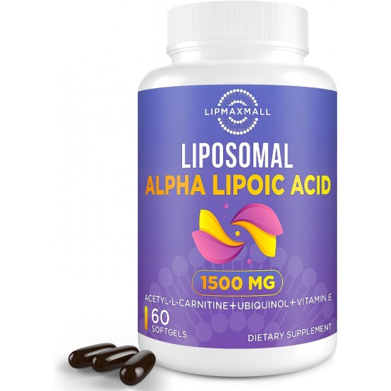 lipmaxmall Liposomale Alpha-Liponsäure 1500mg - mit Acetyl-L-Carnitin 900mg & Ubiquinol und Vitamin E, ALA Ergänzung 60 Weichkapseln