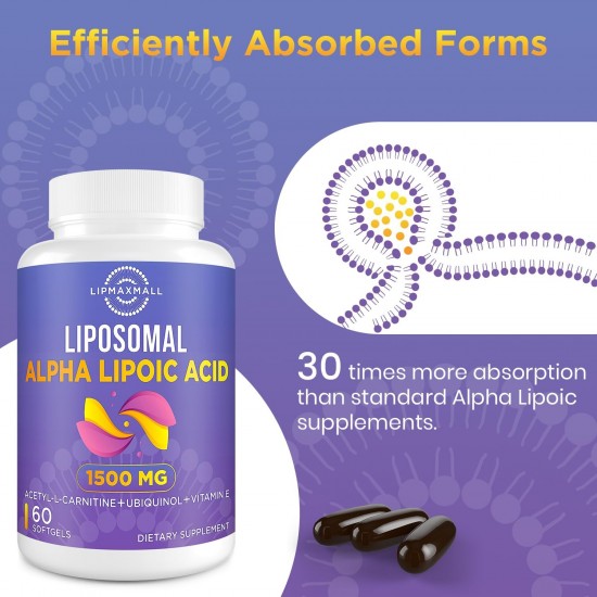 lipmaxmall Acido Alfa Lipoico Liposomiale 1500mg - con Acetil-L-Carnitina 900mg e Ubiquinolo e Vitamina E, integratore ALA 60 softgels