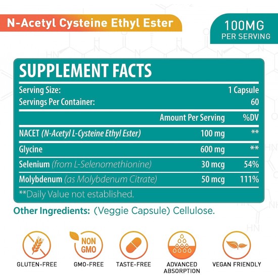 Lipmaxmall N-Acetyl Cysteine Ethyl Ester 100mg with Glycine 600mg, Benefit Glutathione NACET  60 Capsules