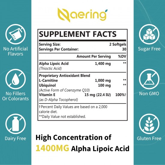 Naering Acido Alfa Lipoico liposomiale 1400mg Softgels con L-Carnitina+Ubiquinolo (CoQ10 attivo) e Vitamina E, 60 60 Capsule