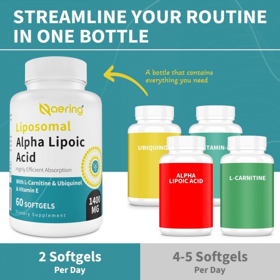 Naering Acide alpha-lipoïque liposomal 1400 mg gélules avec L-Carnitine + Ubiquinol (CoQ10 active) et vitamine E, 60 60 Capsules