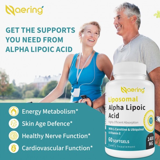 Naering Liposomale Alpha-Liponsäure 1400mg Weichkapseln mit L-Carnitin+Ubiquinol (aktives CoQ10) und Vitamin E, 60 Kapseln