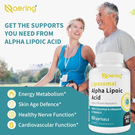 Naering Acido Alfa Lipoico liposomiale 1400mg Softgels con L-Carnitina+Ubiquinolo (CoQ10 attivo) e Vitamina E, 60 60 Capsule