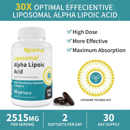 Naering Liposomale Alpha-Liponsäure 1400mg Weichkapseln mit L-Carnitin+Ubiquinol (aktives CoQ10) und Vitamin E, 60 Kapseln