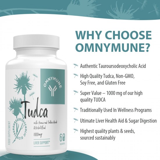 Omnymune Tudca（Tauroursodeoxycholic Acid） Liver Support Supplement 1000mg Per Servings 60 Capsules