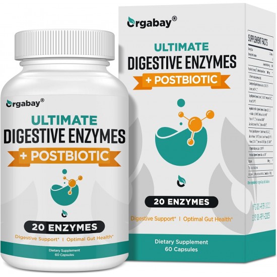 Orgabay Enzimas Digestivas 1000mg con Postbioticos, 20 Mezcla de Enzimas para la Distensión, 60 Cápsulas Vegetales