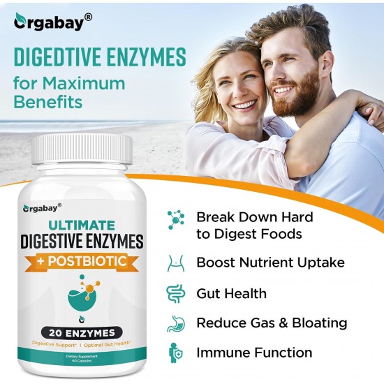Orgabay Enzymes Digestives 1000mg avec Postbiotiques, Mélange de 20 Enzymes pour les Ballonnements, 60 Capsules Végétales
