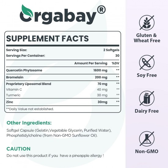 Orgabay Liposomales Quercetin Phytosom 1600 mg mit Bromelain, Zink, Vitamin C, Kurkuma, 60 Weichkapseln