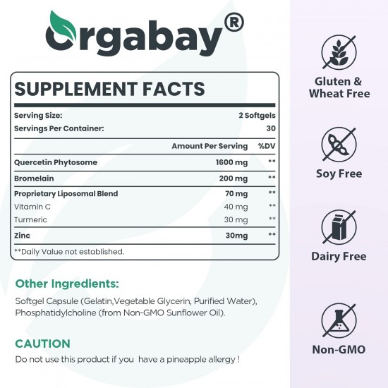 Orgabay  Liposomal Quercetin Phytosome 1600 mg with Bromelain, Zinc, Vitamin C, Turmeric, 60 Softgels