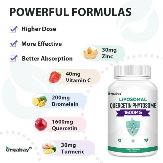 Orgabay Quercetina liposomiale fitosoma 1600 mg con bromelina, zinco, vitamina C, curcuma, 60 capsule molli