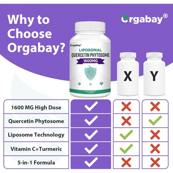 Orgabay Liposomales Quercetin Phytosom 1600 mg mit Bromelain, Zink, Vitamin C, Kurkuma, 60 Weichkapseln