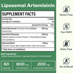 Osasuna 600 mg Artemisinina Liposomal, Extracto de Ajenjo Dulce(Artemisia Annua) con Fitosoma de Quercetina 200 mg, 60 Cápsulas Blandas Osasuna 600 mg Artemisinina Liposomal, Extracto de Ajenjo Dulce(Artemisia Annua) con Fitosoma de Quercetina 200 mg, 60 Cápsulas Blandas