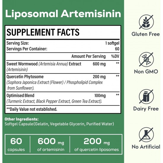 Osasuna 600 mg Liposomales Artemisinin, Süßer Wermut Extrakt (Artemisia Annua) mit Quercetin Phytosom 200 mg, 60 Weichkapseln