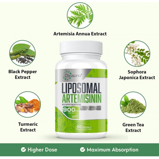 Osasuna 600 mg Artémisinine liposomale, extrait d'armoise (Artemisia Annua) avec phytosome de quercétine 200 mg, 60 capsules molles