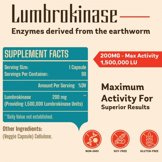 Pepeior Lumbrokinase Enzyme Diät-Ergänzung 200mg (Max Aktivität 1.500.000 LU) 90 Kapseln