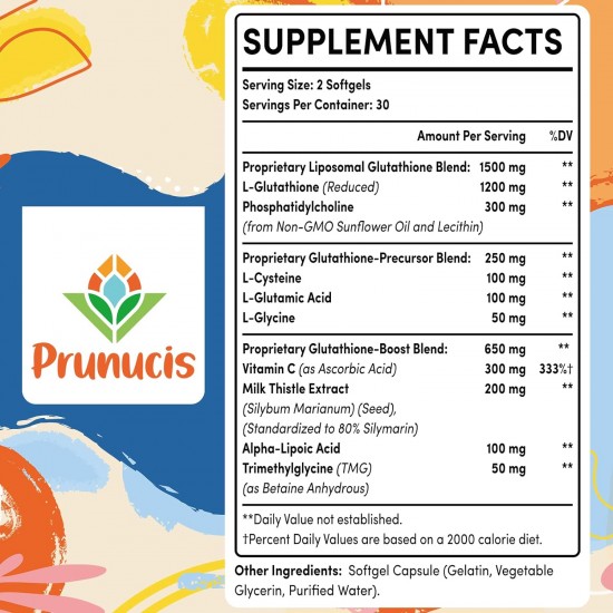 Prunucis Supplément de glutathion liposomal avec vitamine C, 2400MG 60 gélules