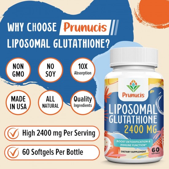 Prunucis Supplément de glutathion liposomal avec vitamine C, 2400MG 60 gélules