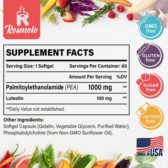 Rosmolo Liposomal Palmitoylethanolamide 1000 mg + Luteoline 100 mg, 60 gélules