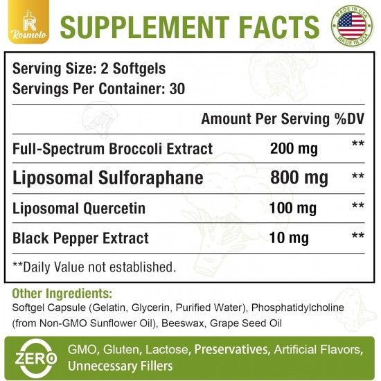 Rosmolo Liposomal Sulforaphane Supplement 800 MG, Full-Spectrum Broccoli Extract, 60 Softgels