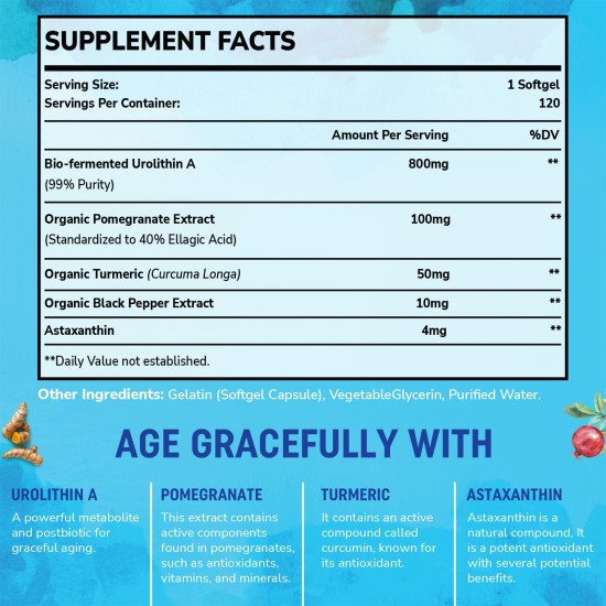 Saglikli Advanced Urolithin A Supplement, 800mg - with Organic Pomegranate Extract & Turmeric - 120 Softgels Saglikli Advanced Urolithin A Supplement, 800mg - with Organic Pomegranate Extract & Turmeric - 120 Softgels