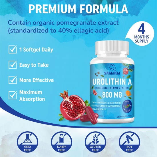 Saglikli Advanced Urolithin A Supplement, 800mg - with Organic Pomegranate Extract & Turmeric - 120 Softgels Saglikli Advanced Urolithin A Supplement, 800mg - with Organic Pomegranate Extract & Turmeric - 120 Softgels