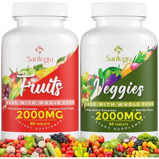 Santegra Suplementos de Frutas y Verduras con Mezcla de Enzimas Activas, 2000 mg 120 Comprimidos(2 frascos)