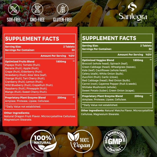 Santegra Suplementos de Frutas y Verduras con Mezcla de Enzimas Activas, 2000 mg 120 Comprimidos(2 frascos)