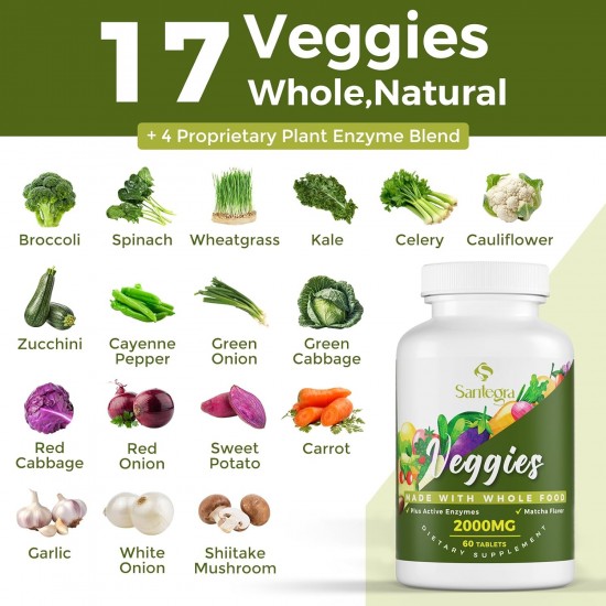 Santegra Suplementos de Frutas y Verduras con Mezcla de Enzimas Activas, 2000 mg 120 Comprimidos(2 frascos)